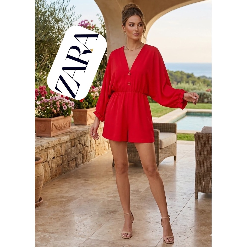 Zara Red V-Neck Dolman Sleeve Elastic Waist Keyhole Back Romper XS Minimalist